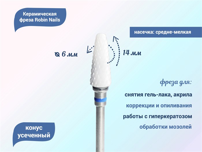 Керамическая фреза Robin Nails 3/32 C ST(C) средняя (синяя) насечка, Ø0,6 см, конус закругленный  gr/TC133ST - фото 466843