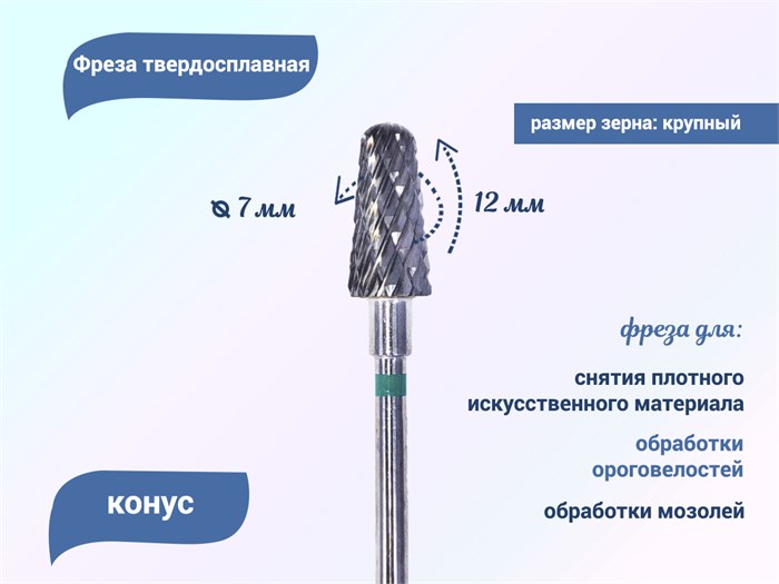 Фреза твердосплавная Robin Nails конус, Ø0,7 см грубая (зеленая) насечка gr/194.220.070 - фото 492820