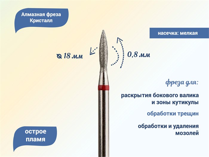 Алмазная фреза Кристалл, мягкая (красная) насечка, пламя, Ø0,18 см К56.243.080.18м(41) - фото 495940