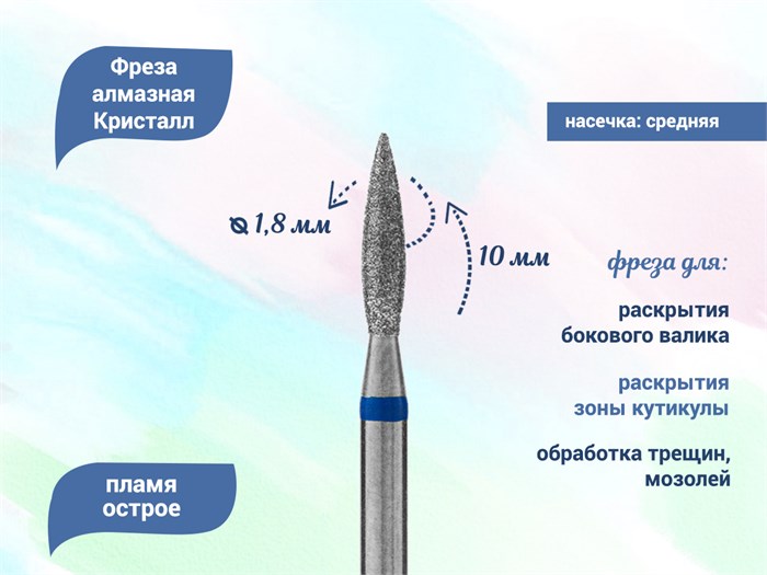 Алмазная фреза Кристалл, средняя (синяя) насечка, Ø0,18 см, пламя острое К66.243.100.18(48) - фото 495947