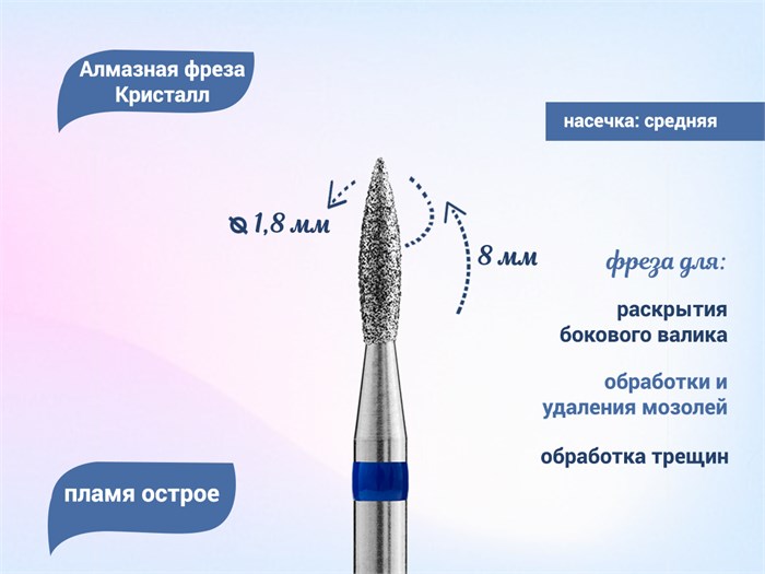 Алмазная фреза Кристалл, средняя (синяя) насечка, пламя острое, Ø0,18 см К66.243.080.18(50) - фото 495990
