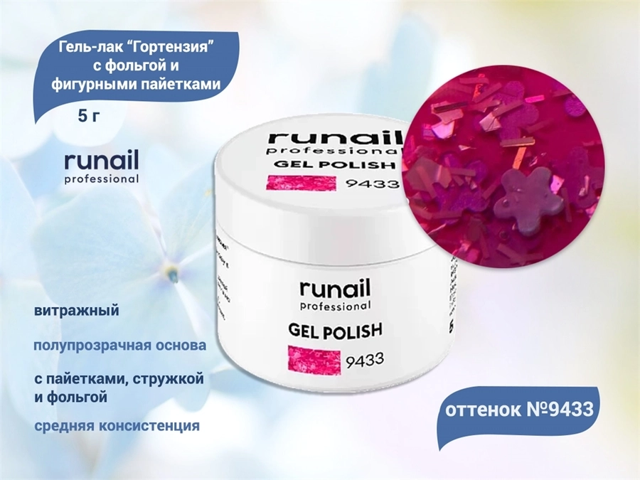 Гель-лак RuNail с фольгой и фигурными пайетками Гортензия №9433, 5 г 9433