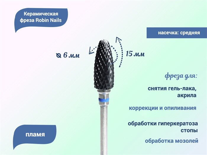Керамическая фреза Robin Nails 3/32 M-Black ST(C) средняя (синяя) насечка, Ø0,6 см, пламя  gr/TC062STB - фото 529542
