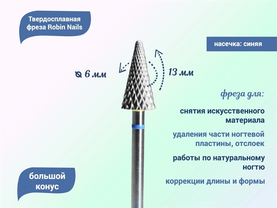 Твердосплавная фреза Robin Nails большой конус 3/32 M RL, Ø0,5 см средняя (синяя) насечка gr/MR0613-M