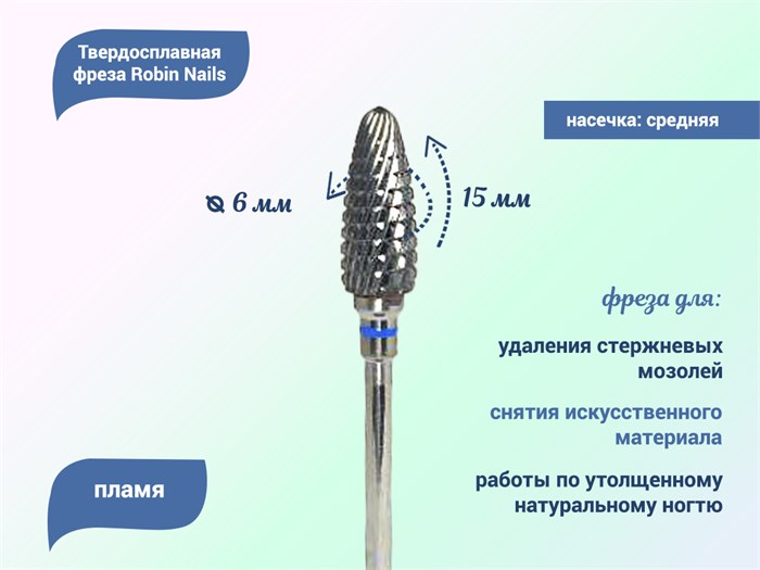 Твердосплавная фреза Robin Nails пламя 3/32 M STP, Ø0,6 см средняя (синяя) насечка gr/WG020 - фото 554675