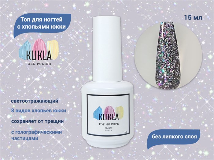 Топ для ногтей Kukla светоотражающий c хлопьями юкки, 15 мл KG/15706 - фото 556031