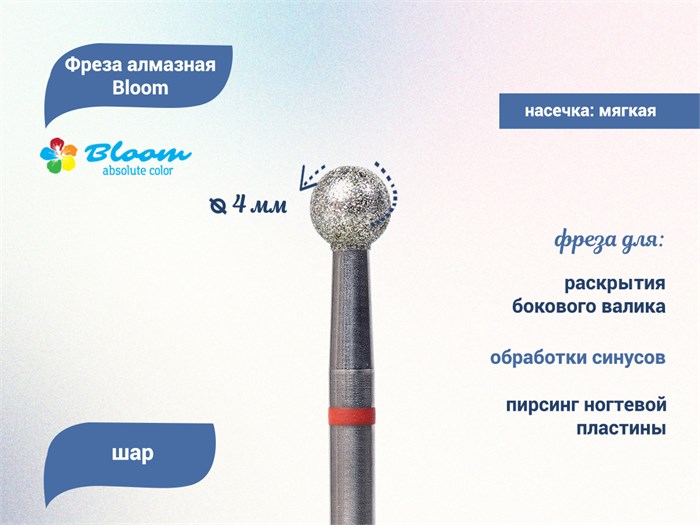 Фреза алмазная Bloom мягкая (красная) насечка, Ø0,4 см, шар (сфера) Bl/56.001.036.40(9) - фото 559312