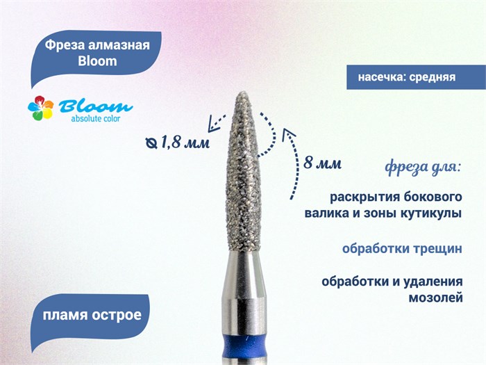 Фреза алмазная Bloom средняя (синяя) насечка, Ø0,18 см, пламя Bl/66.243.080.18(2) - фото 559315
