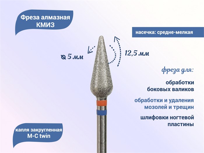 Фреза алмазная КМИЗ, средне-мелкая (сине-красная) насечка, Ø0,5 см, капля закругленная 118524tw - фото 560014