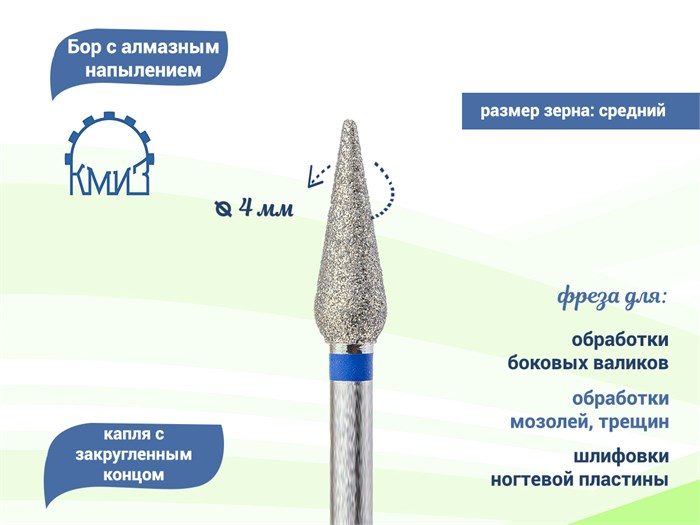 Фреза алмазная КМИЗ, средняя (синяя) насечка, Ø0,4 см, конус (капля) Б260.40/118206(263) - фото 560321