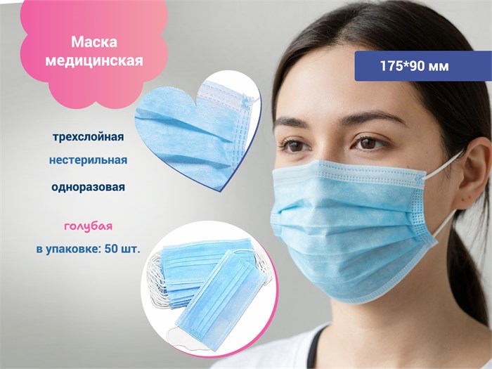 Маска медицинская трехслойная одноразовая нестерильная, 175*90 мм, 50 шт., голубая NO/маски-г