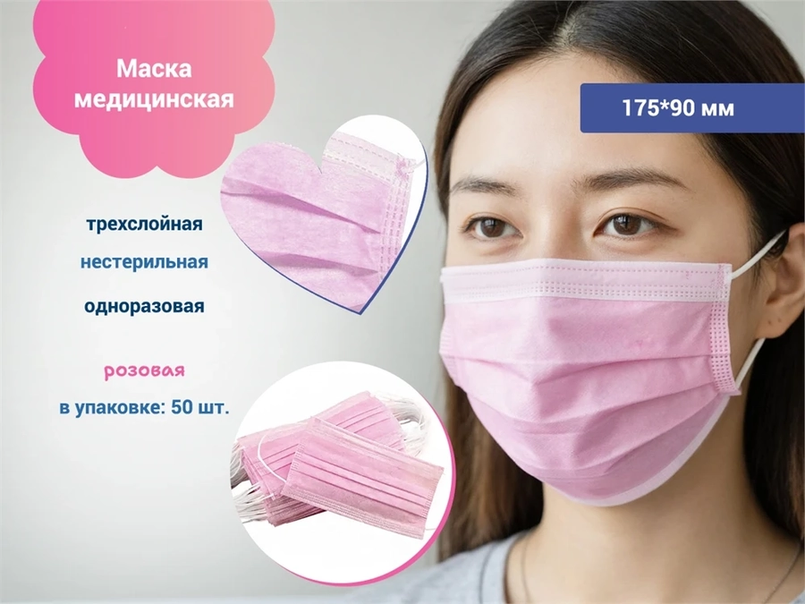 Маска медицинская трехслойная одноразовая нестерильная, 175*90 мм, 50 шт., розовая NO/маски-р