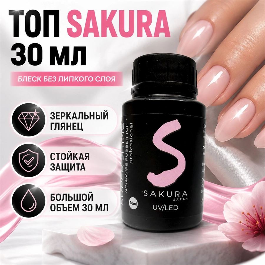 Топ для ногтей Sakura Super Shine Top Coat Non Wipe без липкого слоя, 30 мл Top030