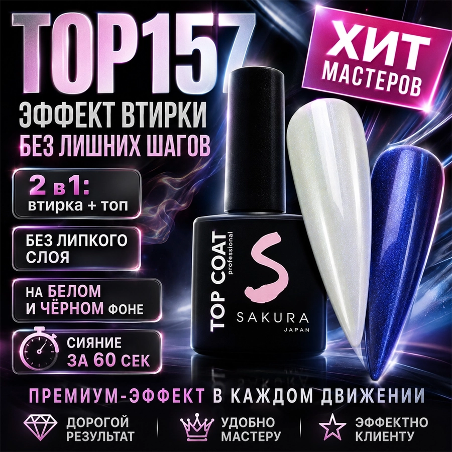 Топ для ногтей Sakura Top157 с эффектом втирки, 9 мл Top157