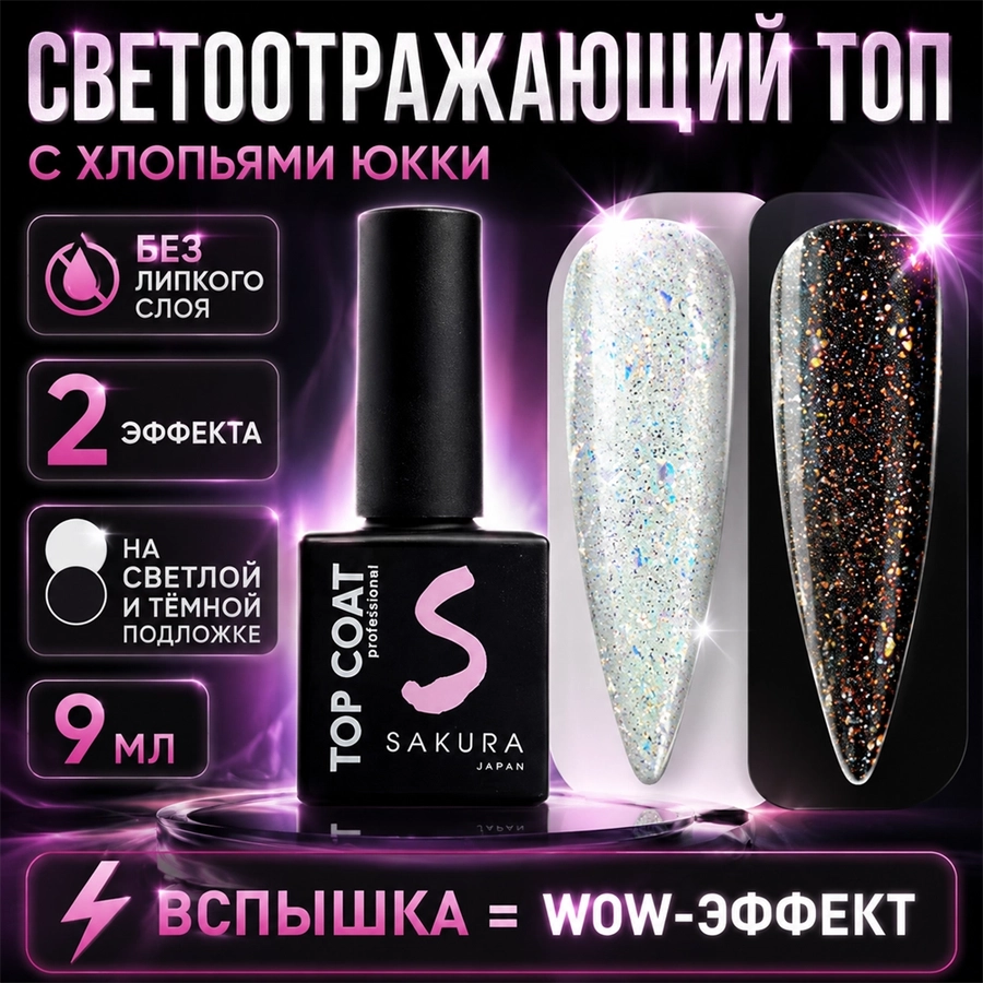 Топ для ногтей Sakura Top161 светоотражающий c хлопьями юки, без липкого слоя, 9 мл Top161